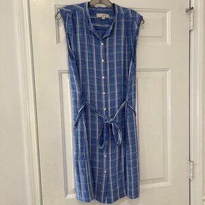 Loft Women's Medium Shirt Dress Belted Blue White Windowpane Plaid Lined Comfort
